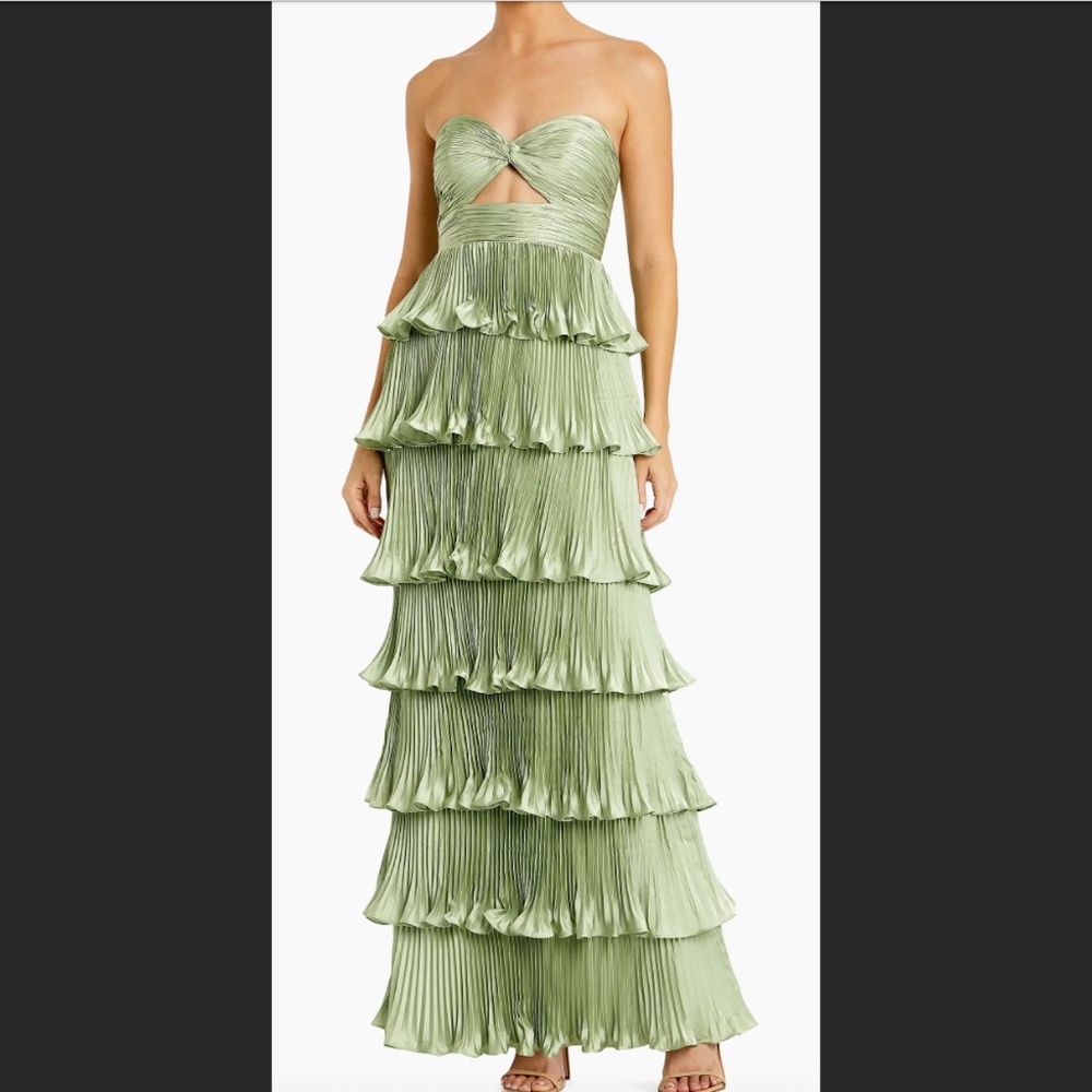 Mac Duggal Green Pleated Charmeuse Strapless Tiered Ruffle Gown